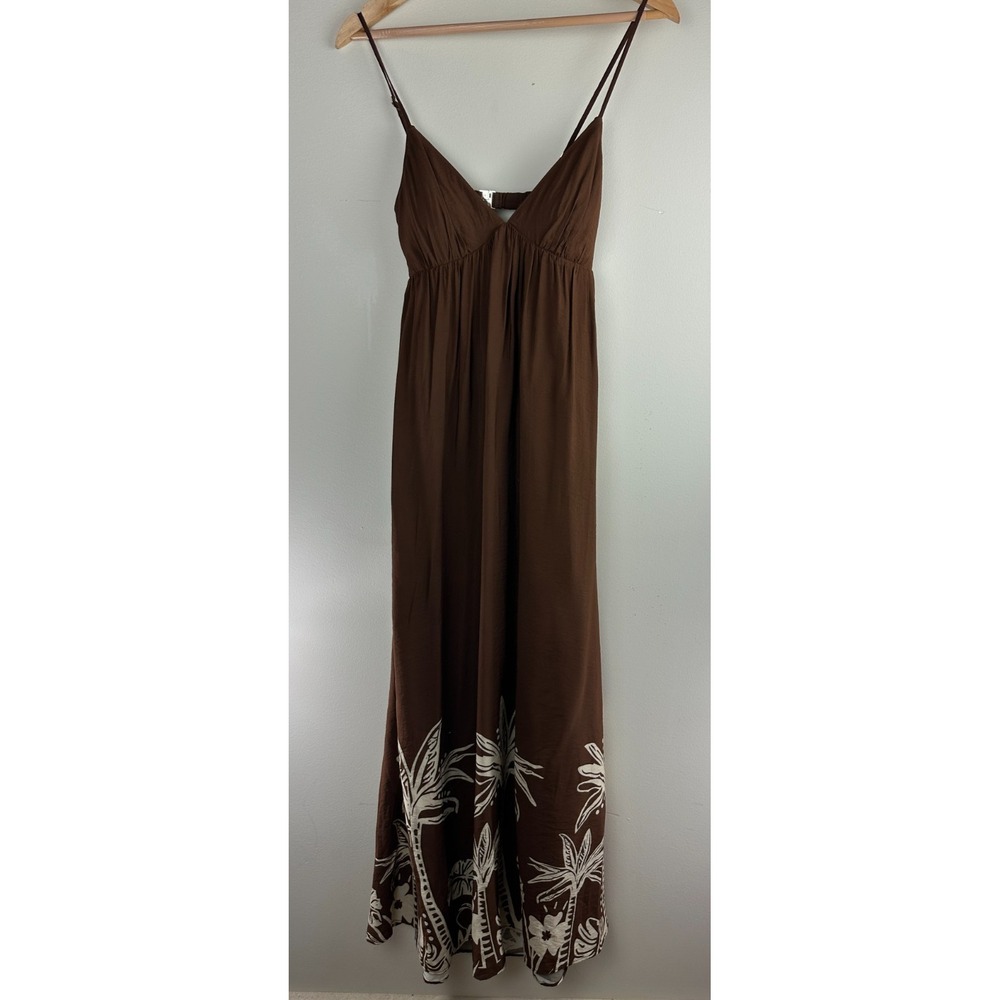 Abercrombie & Fitch Bra Free Brown Tropical Palm Print Open Back Maxi Dress ST - Picture 14 of 14